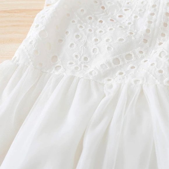 White Embroidered Eyelet Tulle Dress Little Girl Ruffle Crisscross Dress - Picture 4 of 5